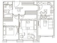 Планировка 3-комнатной квартиры, 65,44 м2