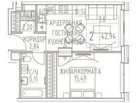 Планировка 2-комнатной квартиры, 42,94 м2