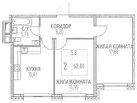 Планировка 2-комнатной квартиры, 62,8 м2