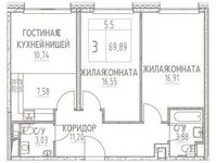Планировка 3-комнатной квартиры, 69,89 м2