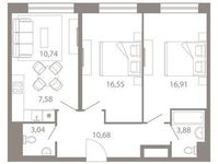 Планировка 3-комнатной квартиры, 69,38 м2
