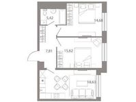 Планировка 3-комнатной квартиры, 62,16 м2