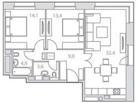 Планировка 3-комнатной квартиры, 77,1 м2
