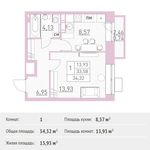 Планировка 1-комнатной квартиры, 34,32 м2