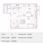 Планировка 1-комнатной квартиры, 37,33 м2