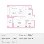Планировка 1-комнатной квартиры, 35,66 м2