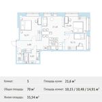 Планировка 3-комнатной квартиры, 70 м2