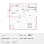 Планировка 1-комнатной квартиры, 34,43 м2