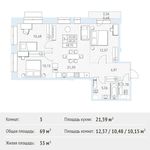 Планировка 3-комнатной квартиры, 69 м2