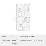 Планировка 3-комнатной квартиры, 66,6 м2