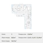 Планировка 3-комнатной квартиры, 66,8 м2