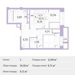 Планировка 1-комнатной квартиры, 36,38 м2
