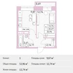 Планировка 1-комнатной квартиры, 32,96 м2