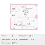 Планировка 1-комнатной квартиры, 32,55 м2