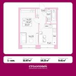 Планировка 1-комнатной квартиры, 32,67 м2