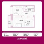 Планировка 1-комнатной квартиры, 32,9 м2