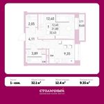 Планировка 1-комнатной квартиры, 32,1 м2