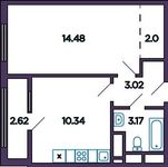 Планировка 1-комнатной квартиры, 34,37 м2