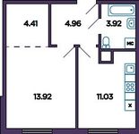Планировка 1-комнатной квартиры, 38,23 м2