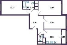 Планировка 3-комнатной квартиры, 63,88 м2