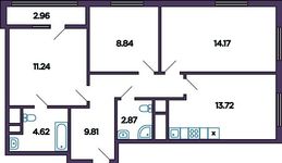 Планировка 3-комнатной квартиры, 66,88 м2