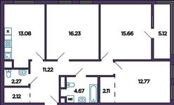 Планировка 3-комнатной квартиры, 82,74 м2