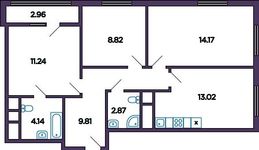 Планировка 3-комнатной квартиры, 65,67 м2