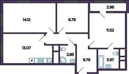 Планировка 3-комнатной квартиры, 65,68 м2