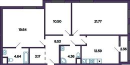 Планировка 3-комнатной квартиры, 86,54 м2