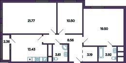 Планировка 3-комнатной квартиры, 84,84 м2
