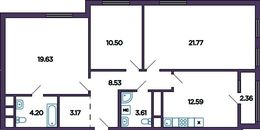 Планировка 3-комнатной квартиры, 85,21 м2