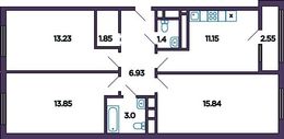 Планировка 3-комнатной квартиры, 68,54 м2