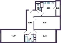 Планировка 3-комнатной квартиры, 68,72 м2