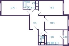 Планировка 3-комнатной квартиры, 63,3 м2