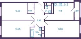 Планировка 3-комнатной квартиры, 67,3 м2