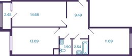 Планировка 2-комнатной квартиры, 53 м2