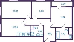 Планировка 3-комнатной квартиры, 66,74 м2