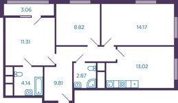 Планировка 3-комнатной квартиры, 64,3 м2