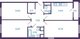 Планировка 3-комнатной квартиры, 69,22 м2