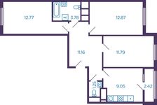 Планировка 3-комнатной квартиры, 62,8 м2