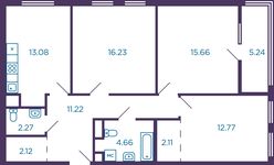 Планировка 3-комнатной квартиры, 82,74 м2