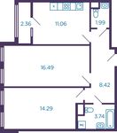 Планировка 2-комнатной квартиры, 57,17 м2
