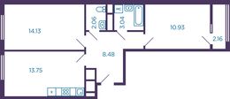 Планировка 2-комнатной квартиры, 53,47 м2