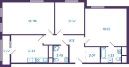 Планировка 3-комнатной квартиры, 86,82 м2