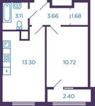Планировка 1-комнатной квартиры, 33,67 м2