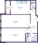 Планировка 2-комнатной квартиры, 56,92 м2
