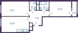 Планировка 2-комнатной квартиры, 52,54 м2