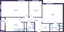 Планировка 3-комнатной квартиры, 84,84 м2