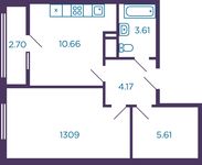 Планировка 1-комнатной квартиры, 38,51 м2