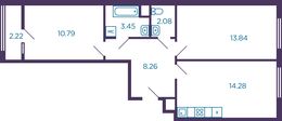 Планировка 2-комнатной квартиры, 53,81 м2